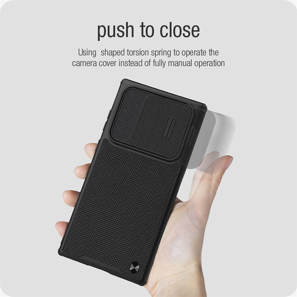 For samsung galaxy  s22 ultra veske nillkin teksturert nylonfiberveving semi-automatisk skyve kameradeksel for samsung  s22 ultra