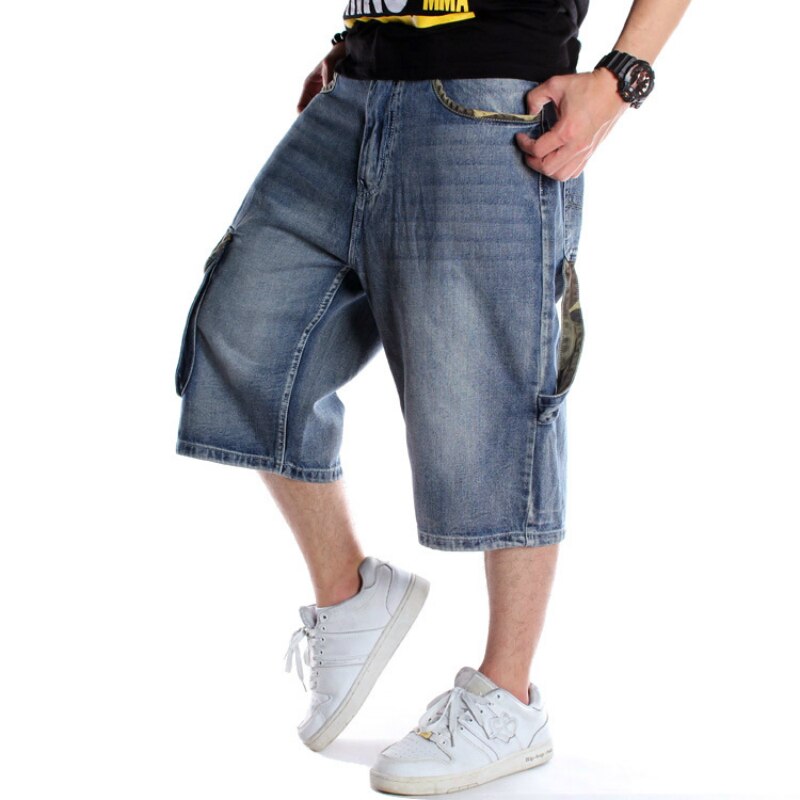 Homme Grande Taille Lâche Baggy Denim Court Hommes Jeans Streetwear Hip Hop Longue 3/4 Capri Cargo Shorts Poche Bermudes Homme Bleu