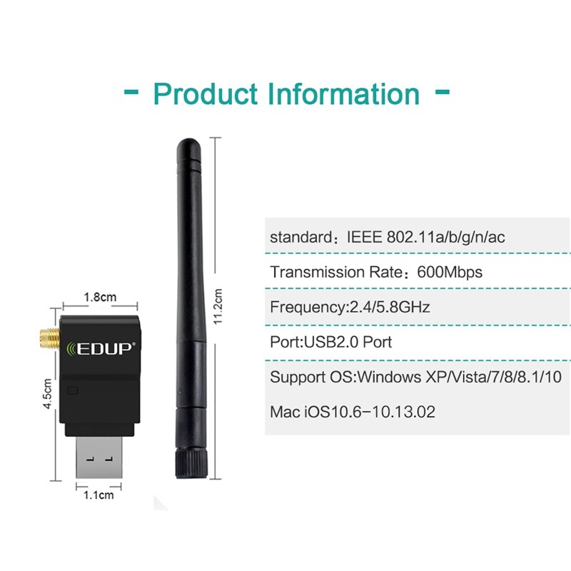 EDUP USB Wireless WiFi Adapter USB Ethernet Adapter 802.11Ac 600Mbps Dual Band 2.4/5Ghz WiFi Receiver for Windows Mac