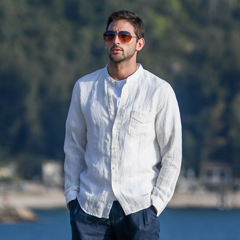 Heren lente zomer japan eenvoudige stijl harajuku opstaande kraag lange mouw effen kleur streep heren linnen casual overhemden