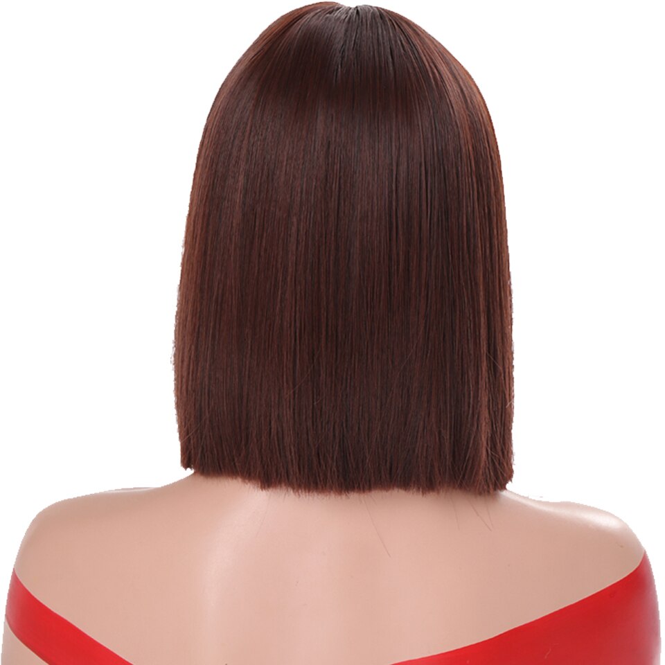 HOUYAN 12 inch straight short natural black wig with bangs women bob medium length heat resistant wig: Dark Brown