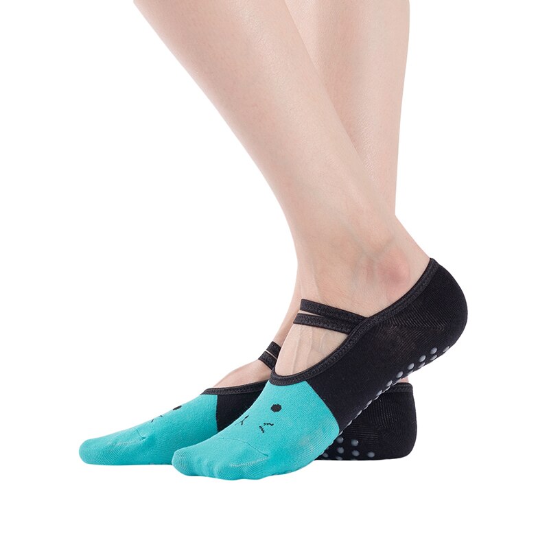 Bandage yoga sokker til kvinder skridsikre gulvsokker hurtigtørre backless pilates ballet sokker kat print sportsbeklædning tilbehør: Grøn blå