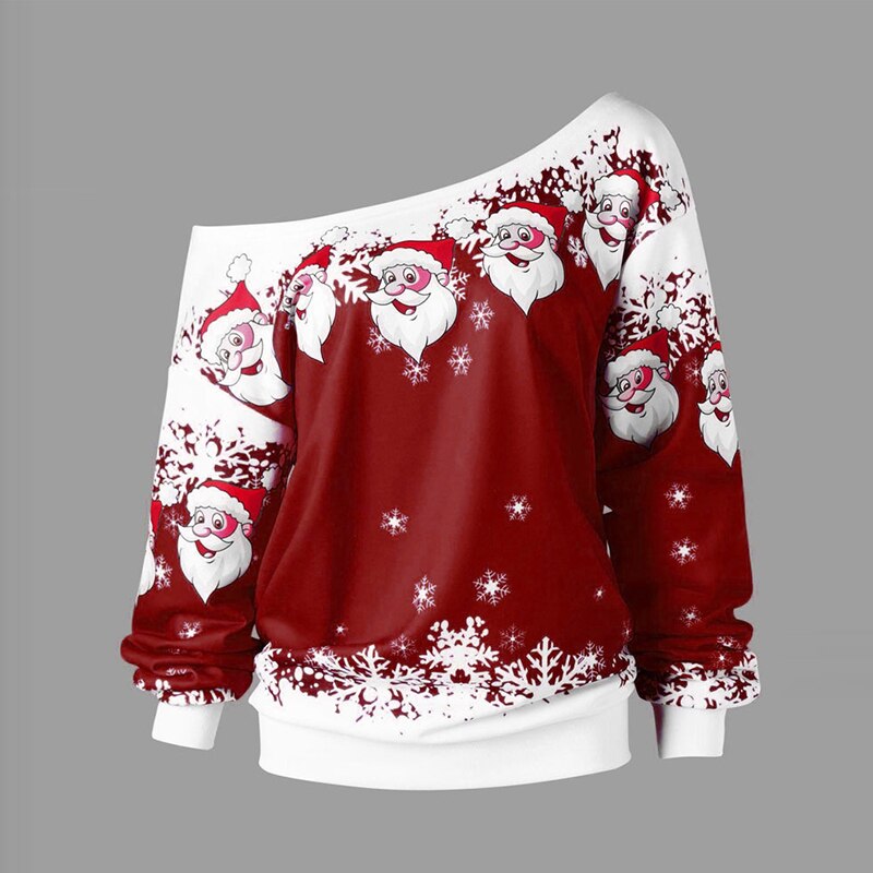 Plus Size Women Sweatshirt Merry Christmas Santa Claus Print Skew Collar Sweatshirt Blouse Xmas Printed Tops Christmas