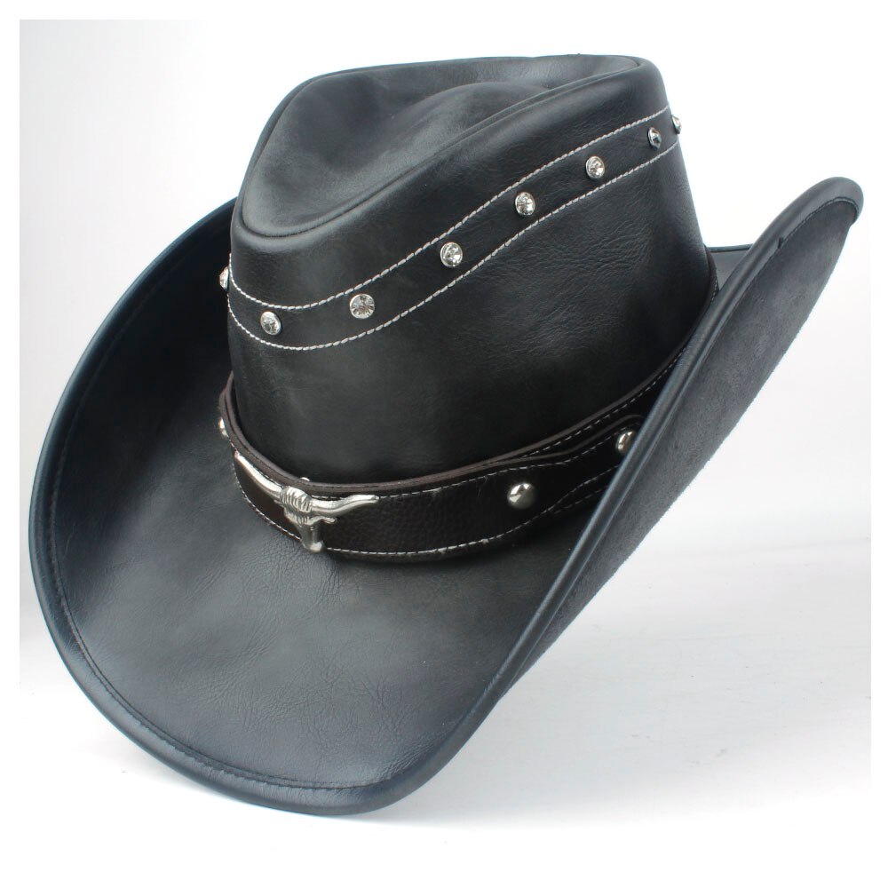 unisex Donne Degli Uomini di Cuoio Occidentale cowboy Cappello di Inverno tutto'aperto di Viaggio Outblack jazz sombrero cowgirl Formato Della Protezione 58-59 CENTIMETRI nero