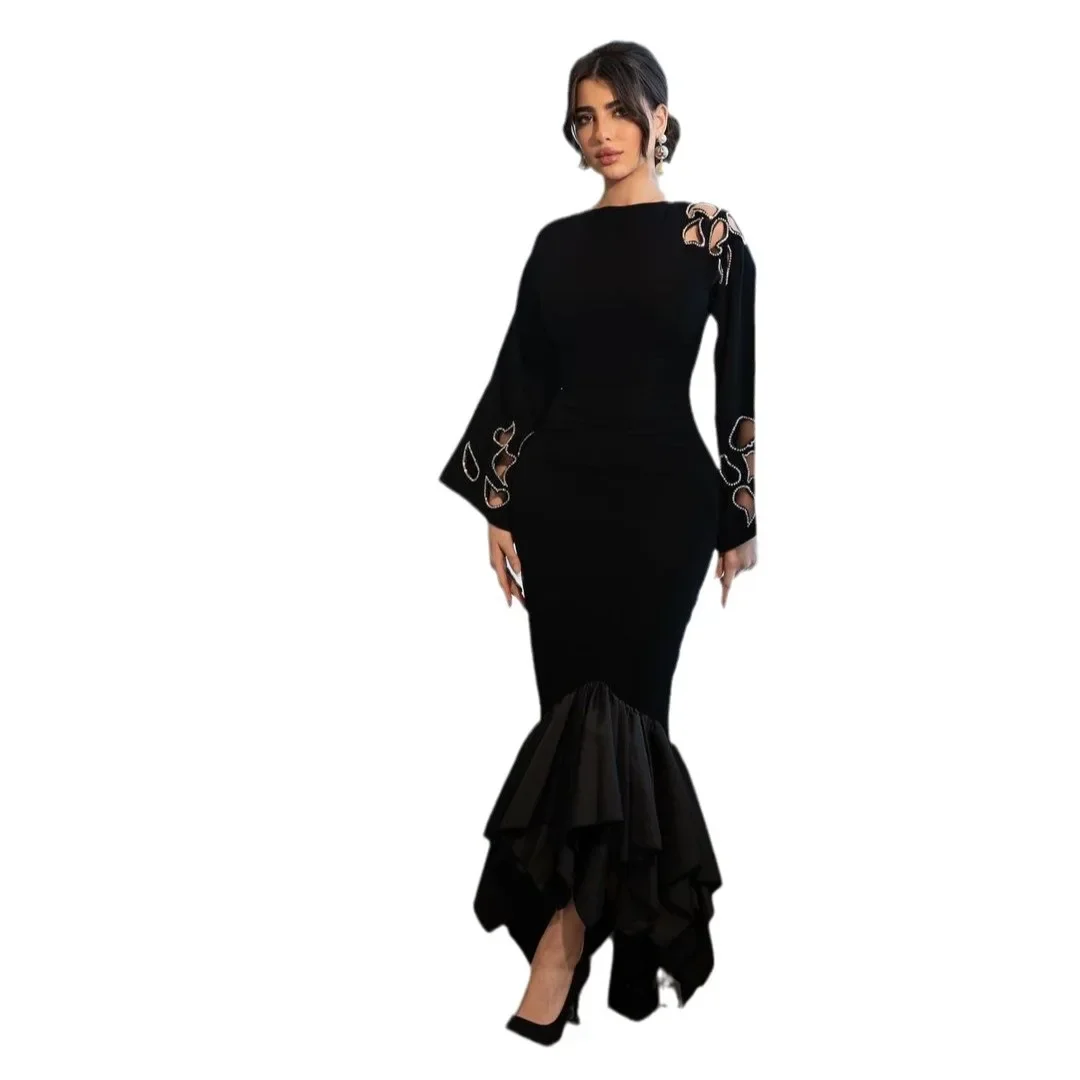 Vrouwen effen kleur mode uitgehold riem fishtail jurk sexy slanke avond lange jurk
