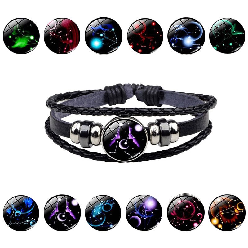 Læderarmbånd til kvinder rustfrit stål par armbånd kæde tolv konstellationer mænd armbånd mandlig tilbehør boho smykker