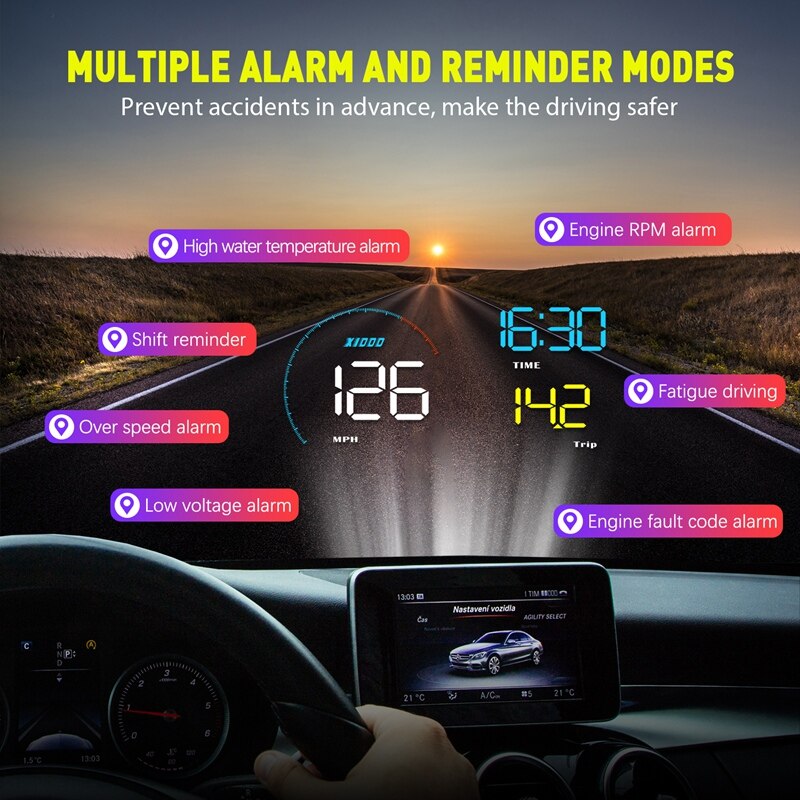 Pantalla frontal de coche, parabrisas, interfaz Obd2, Km/H, Mph, sistema de advertencia de velocidad, A9