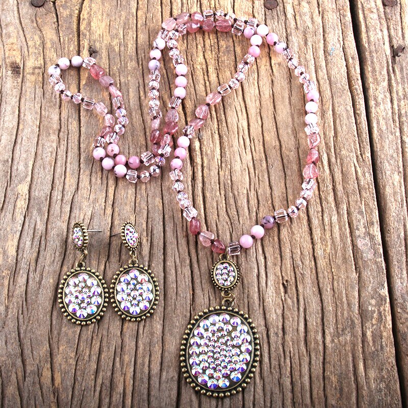 RH Boho Schmuck Set Semi Kostbare Stein & Glas Verknotet Pflastern Kristall Anhänger Halskette Ohrring Set Frauen: AB
