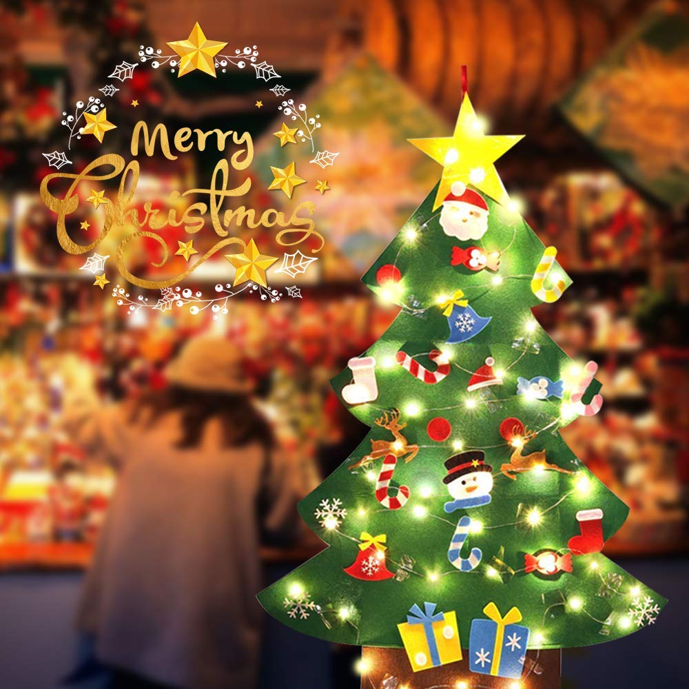 DIY Felt Christmas Tree Set & Led String Lights Wall Hanging Detachable Ornaments Xmas Children Christmas Home Decorations
