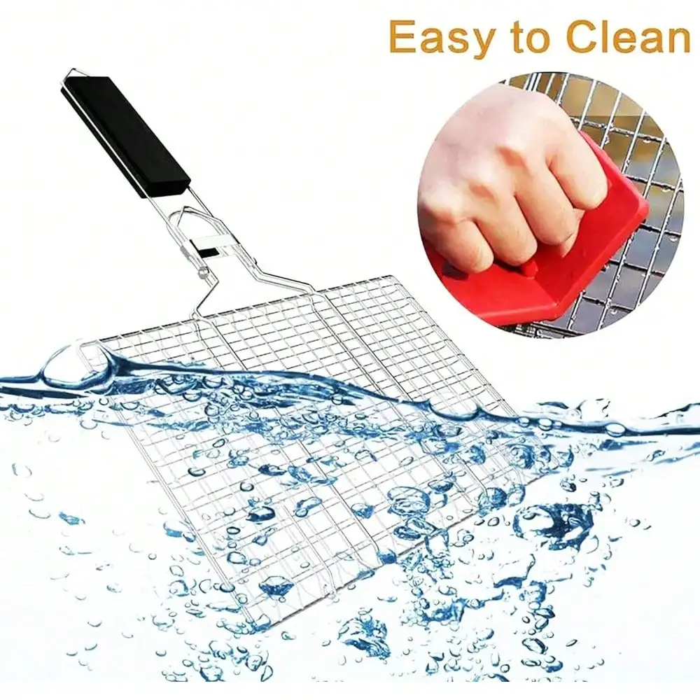 Hopfällbar bärbar utomhuscamping rostfritt stål grillställ med avtagbart handtag grillkorg grillgrill matlagningsverktyg