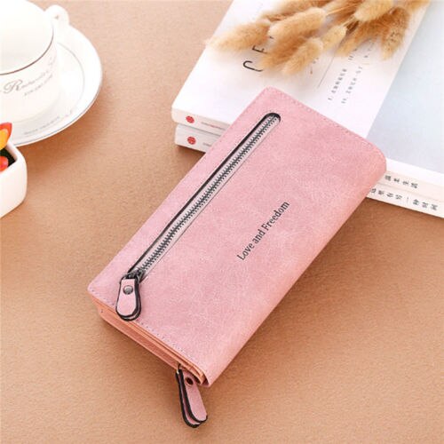 Women Wallet Love and freedom letters printing Lady Clutch Leather purse Long Card Holder Phone Bag Case Purse Handbag cartera: Pink