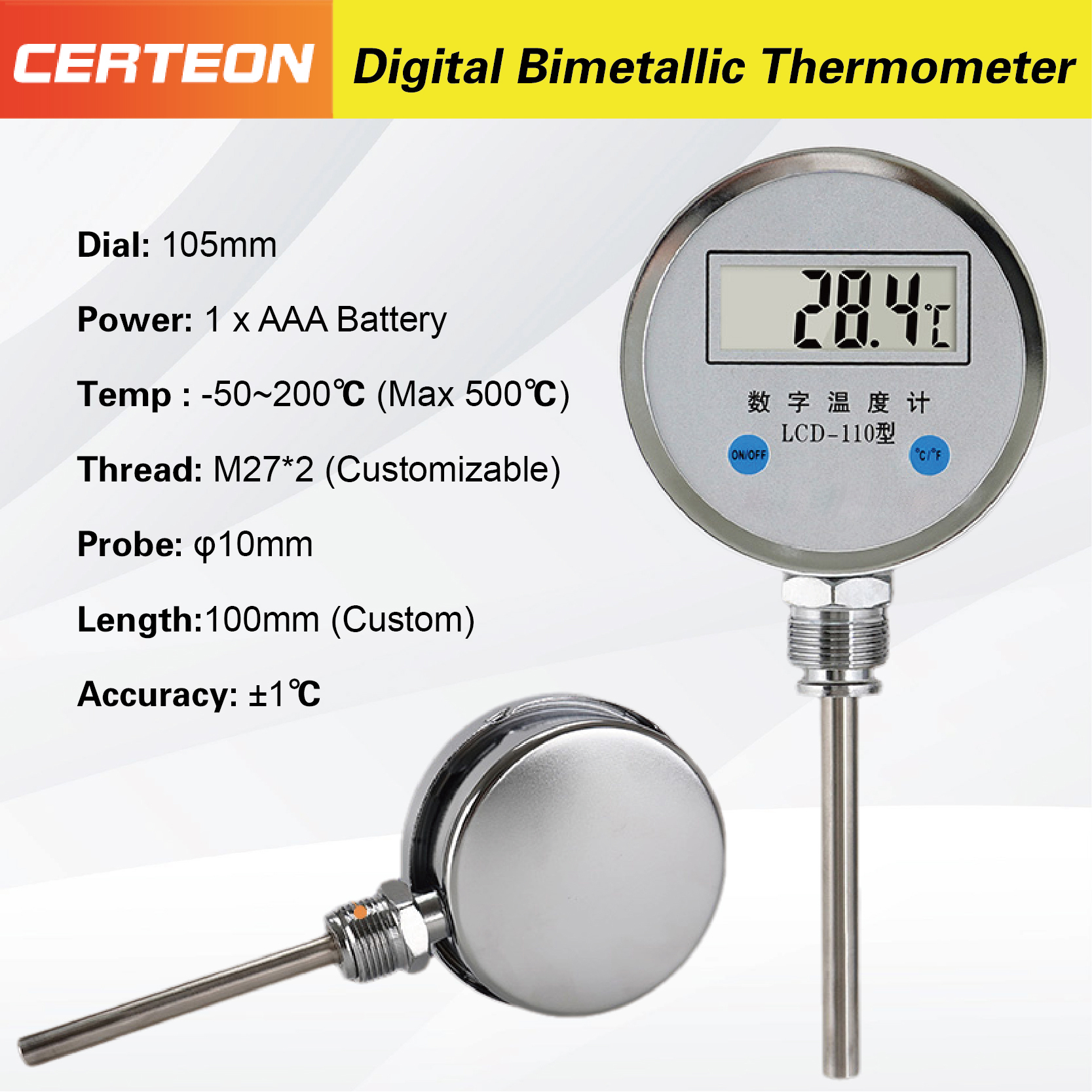LCD-110 Digital Bimetallic Thermometer LCD Display Industrial High Precision Water Temperature Gauge Stainless Steel Sensor