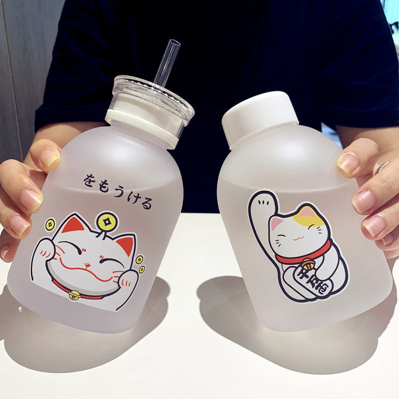 500ml chat chanceux bouteille en plastique sans BPA dessin animé Transparent/givré bouteilles d'eau étanche Drinkware mignon étudiant tasse