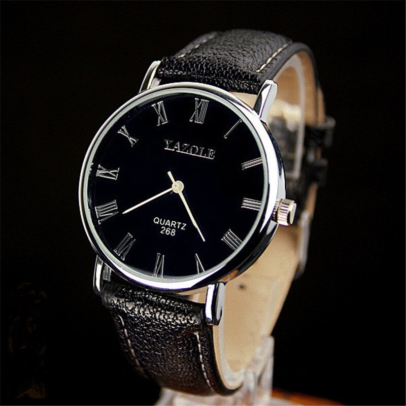 Yazole Quartz Watch Men Casual Business Leather Strap Classic Blue Glass Mens Watches Relogio Masculino: black