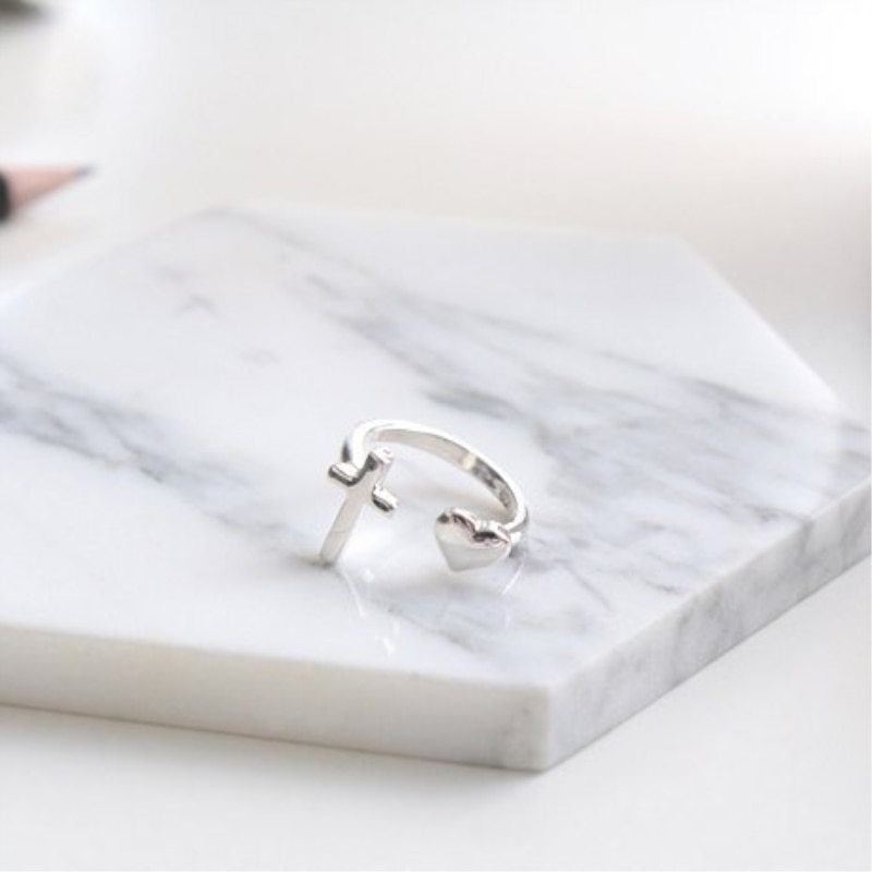 925 Sterling Silver Heart Cross Temperament Personality Korea Wild Sweet Female Resizable Opening Rings SRI112