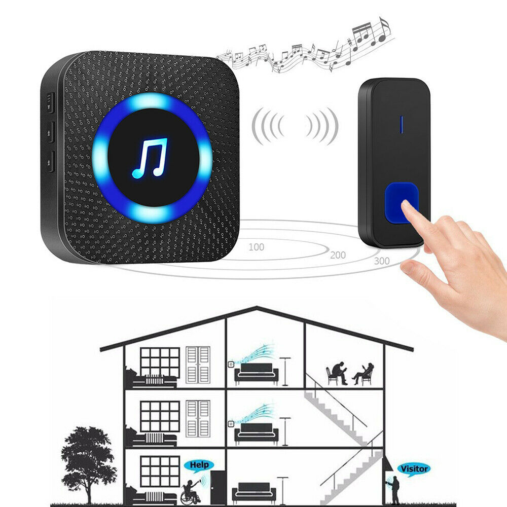 Timbre inalámbrico LED de 1000 pies, timbre de puerta inteligente con control remoto, impermeable, volumen ajustable con batería para patio de casa al aire libre
