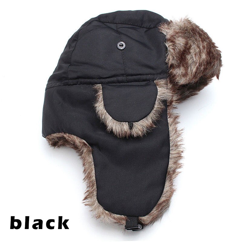 ¡OFERTA de invierno! Gorro de esquí ruso cálido con orejeras de trampero de soldado, sombrero de piel Ushanka hh88: Black