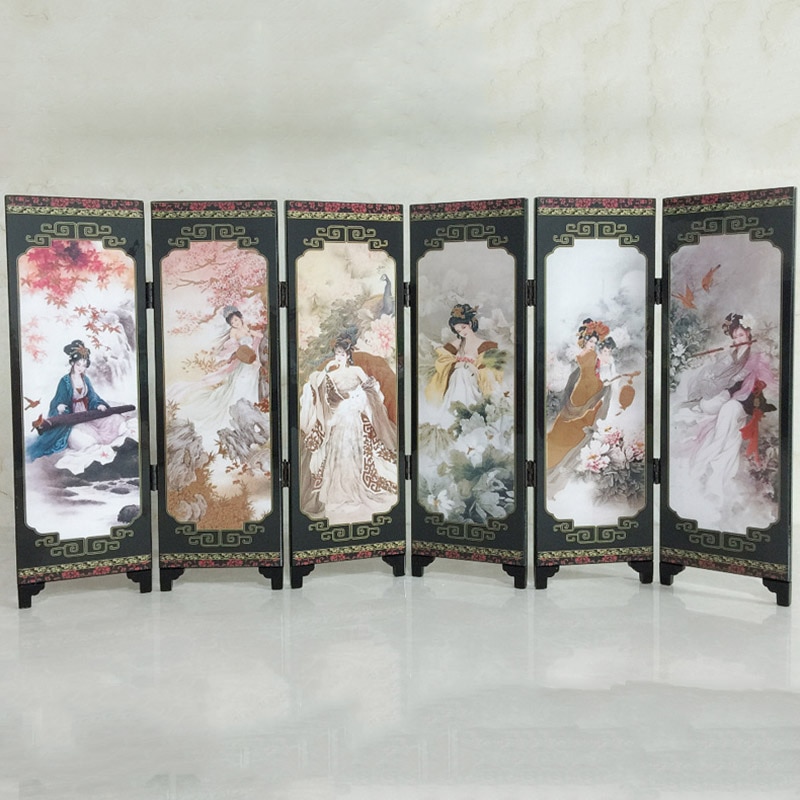 Room Screen Divider Golden Lacquer Folding Partition 6 Panel Separator Movable Decor 48*24*0.6cm Ancient Ladies
