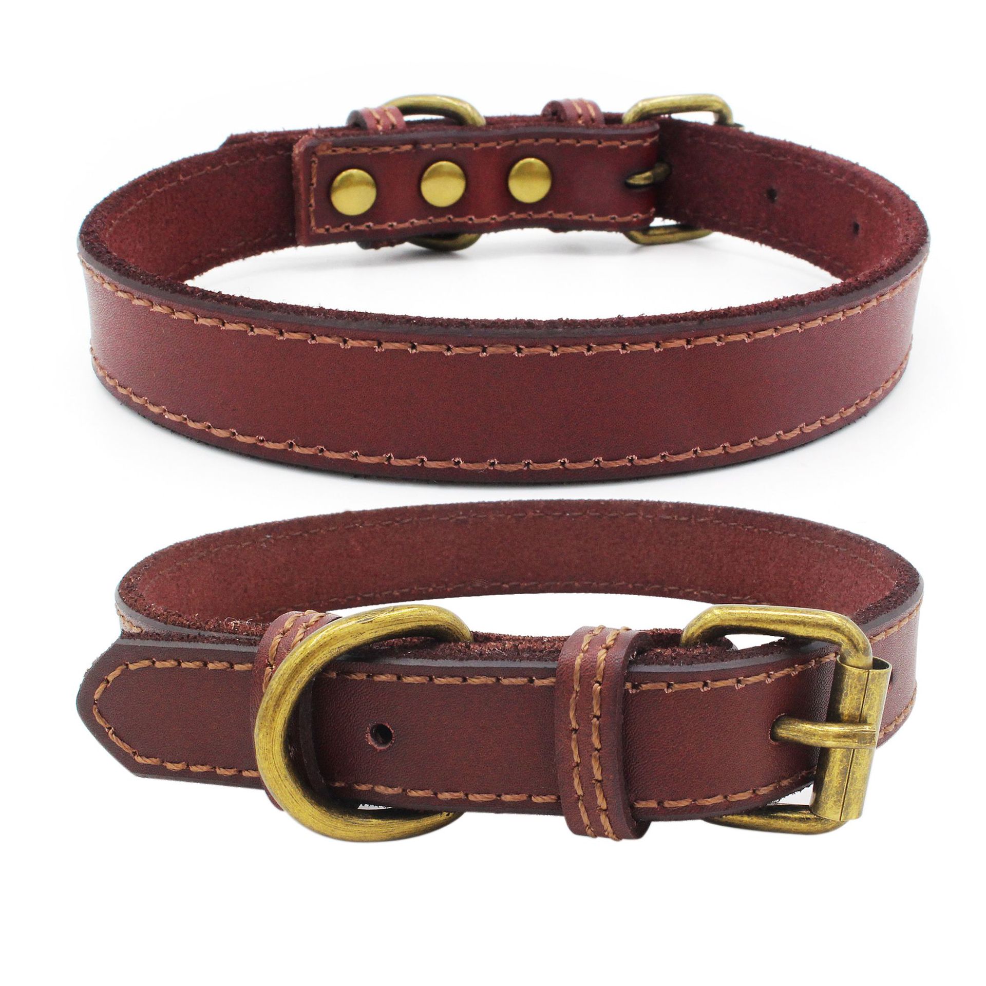Collier en cuir véritable rembourré pour animal de compagnie, pour petits, moyens et grands chiens, Pitbull Labrador, ceinture ajustable avec boucle pour chiot: russet / M