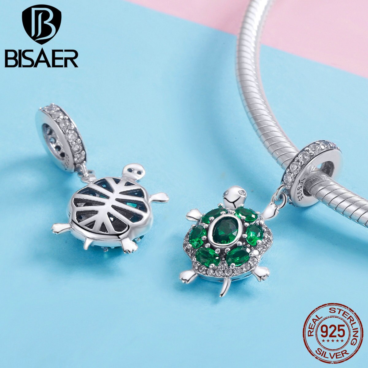 BISAER Ozean Reize 925 Sterling Silber Schildkröte Schildkröte Perlen Grün kubisch Zirkon passen Armbänder DIY Schmuck Machen ECC1017