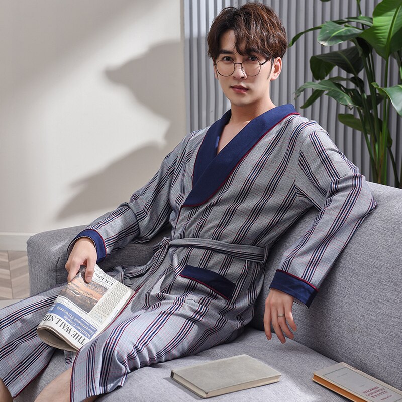 Primavera otoño Albornoz rayado hombres de algodón completo top para dormir batas Kimono para hombre batas bata de baño larga novia batas de 3XL