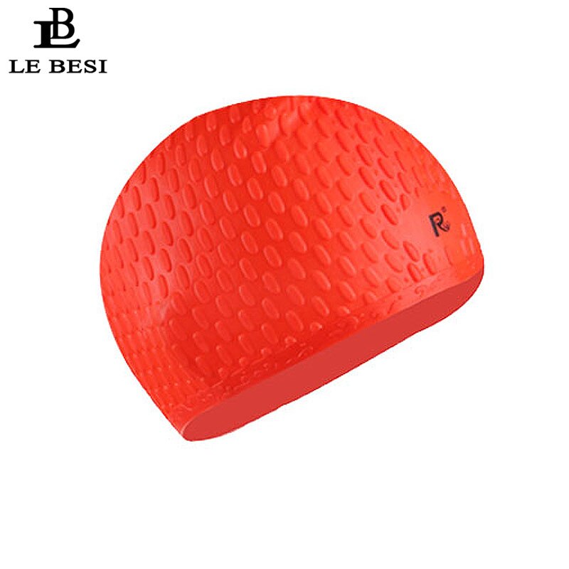 Lebesi kvinner badehette boble partikler langt hår svømmebasseng lue elastisk badehette vanntett deksel øre badehette: Rød
