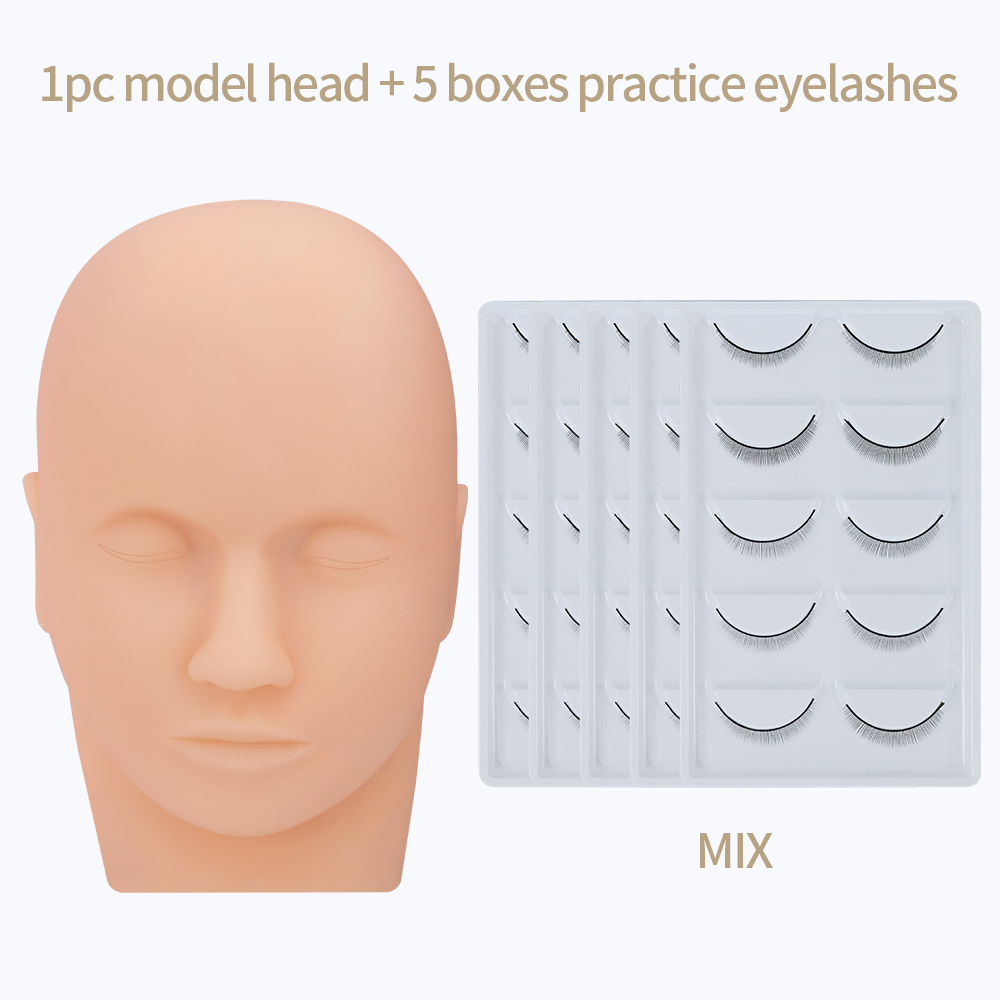 Práctica de pestañas postizas, maniquí de entrenamiento, cabeza plana, práctica de maquillaje, extensiones de pestañas: 1 Pc 5 Boxes Mix