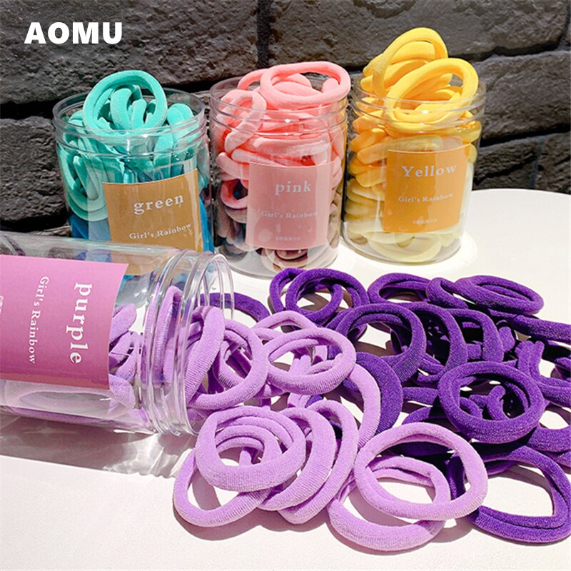 Aomu 50 Stks/doos Regenboog Kleur Nylon Elastische Haarbanden Roze Paars Kinderen Elastiekjes Houder Haar Accessoires Voor Meisjes vrouwen