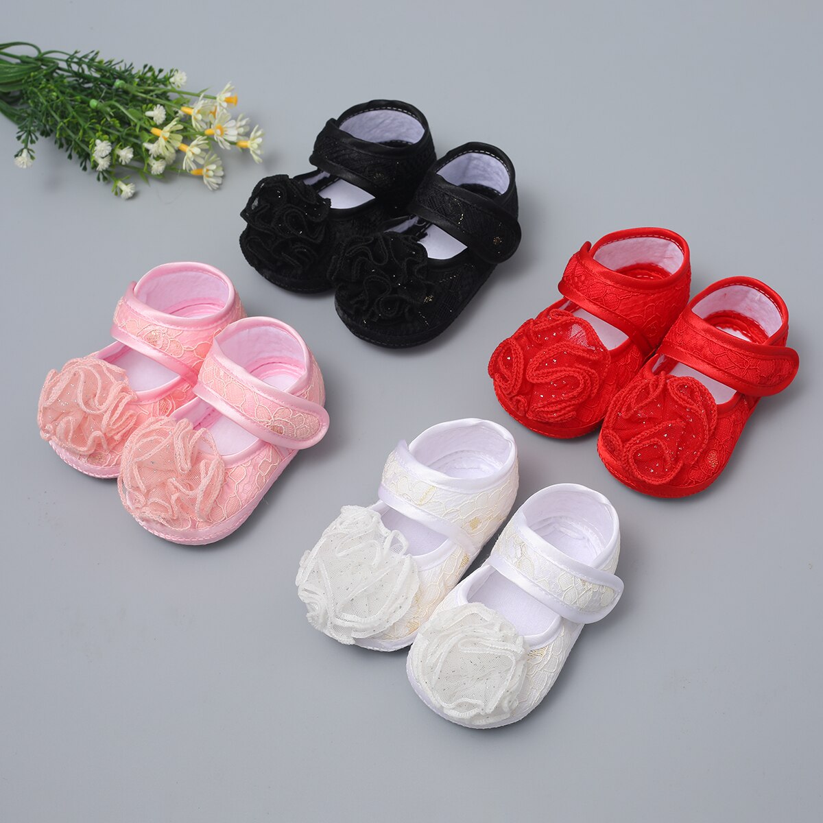 Bébé filles chaussures couleur unie princesse dentelle fleur chaussures semelle souple enfant en bas âge chaussures pour 0-1 an
