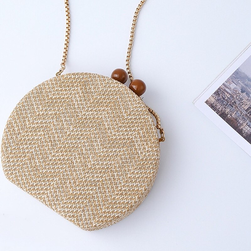 Rund vævet håndtaske banket kobling kvinde crossbody tasker til kvinder cirkulære strip skuldertasker harpiks rem træ håndtag