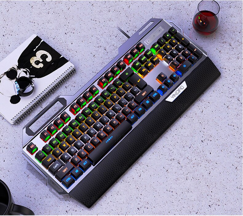 K100 Metal Real Mechanical Keyboard Gaming with Wrist Rest Knob Blue Axis USB Wired Backlit Running Lamp Keyboard for Gamer PC: XJP029Black / Black Switch