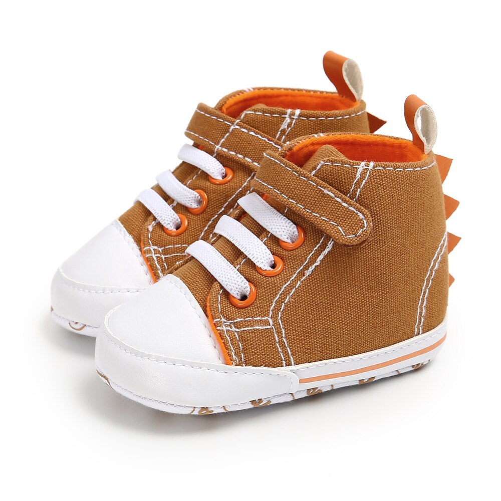 Focusnorm 0-18m spädbarn baby pojke höstskor high top sneakers mjuk sula anti-halk krokögla dinosaurie toddler canvas skor: D / 0-6 månader