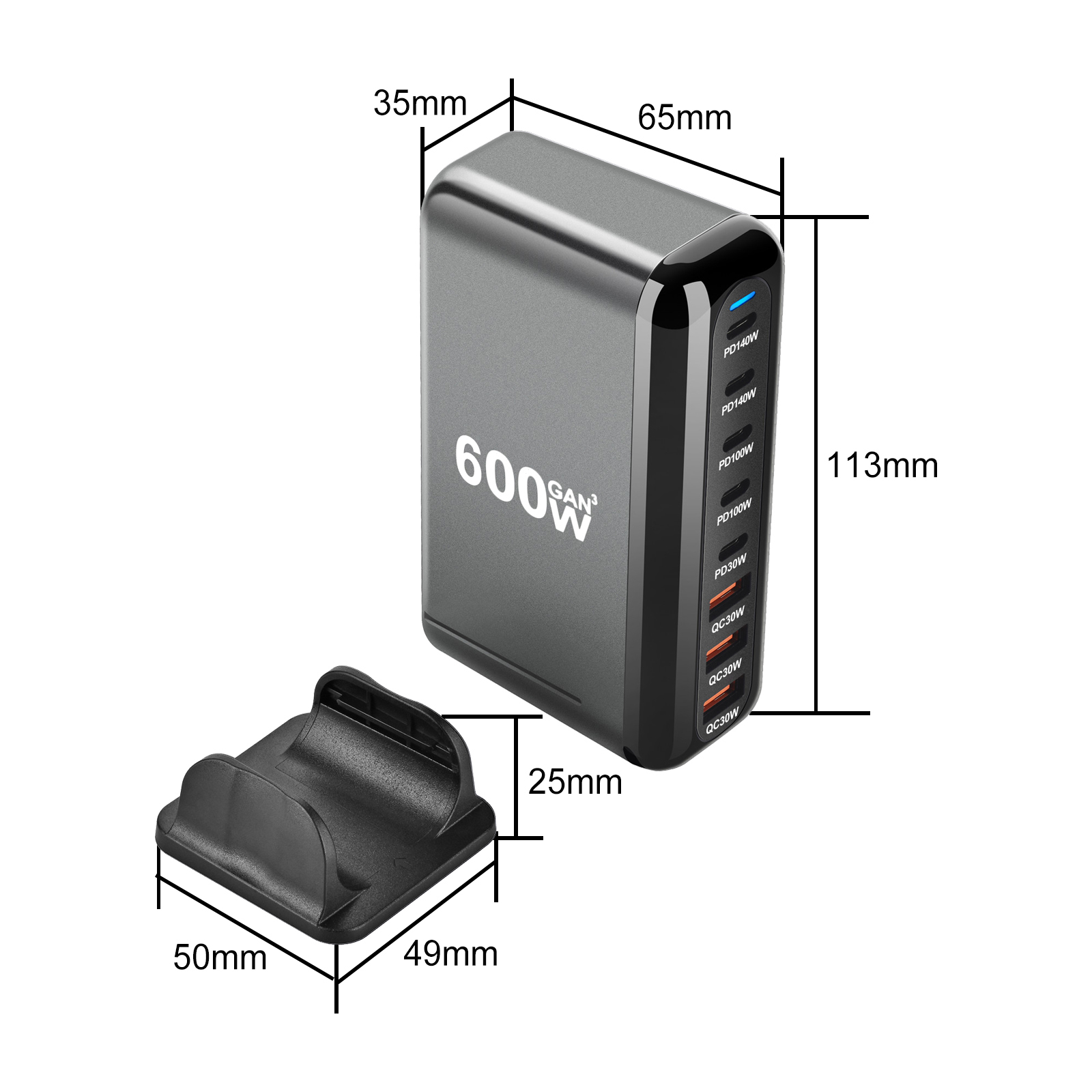 Novo carregador rápido 600w gan carga rápida 3.0 usb tipo c com 8 portas, carregador pd 5c3a para telefones e tablets, design portátil