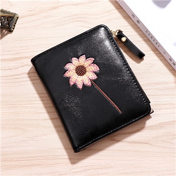 WESTERN AUSPICIOUS Women Wallets Red Green Pink Coffee Black Short Purse PU Card Holder with Fine Embroidery: Black