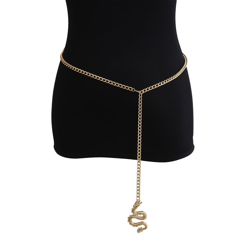 Cinturón de cadena dorado y plateado para mujer y hombre, cinturón de pantalones finos, cinturón de Hip Hop geométrico de dragón, cinturón de cintura,