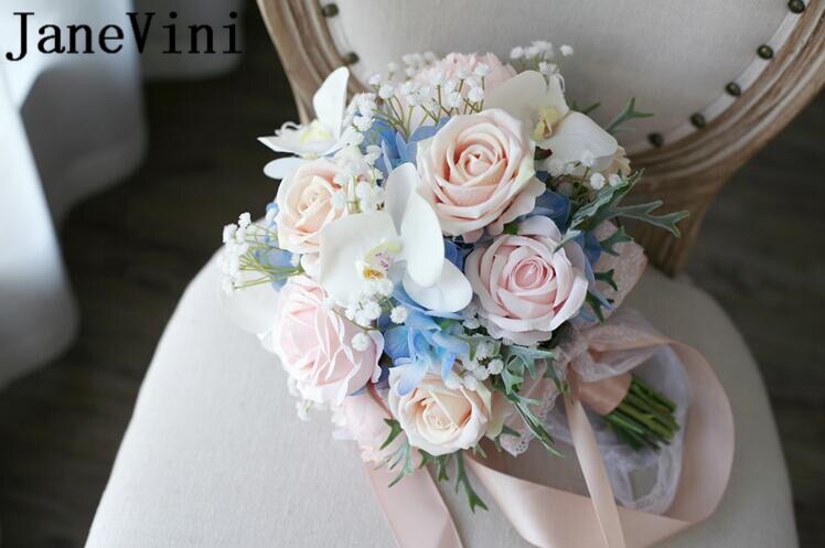 JaneVini Kunstmatige Orchidee Bruidsboeket Champagne Roze Rose Bloemen Broche Blauwe Hortensia Bruidsboeketten Fleur Mariage