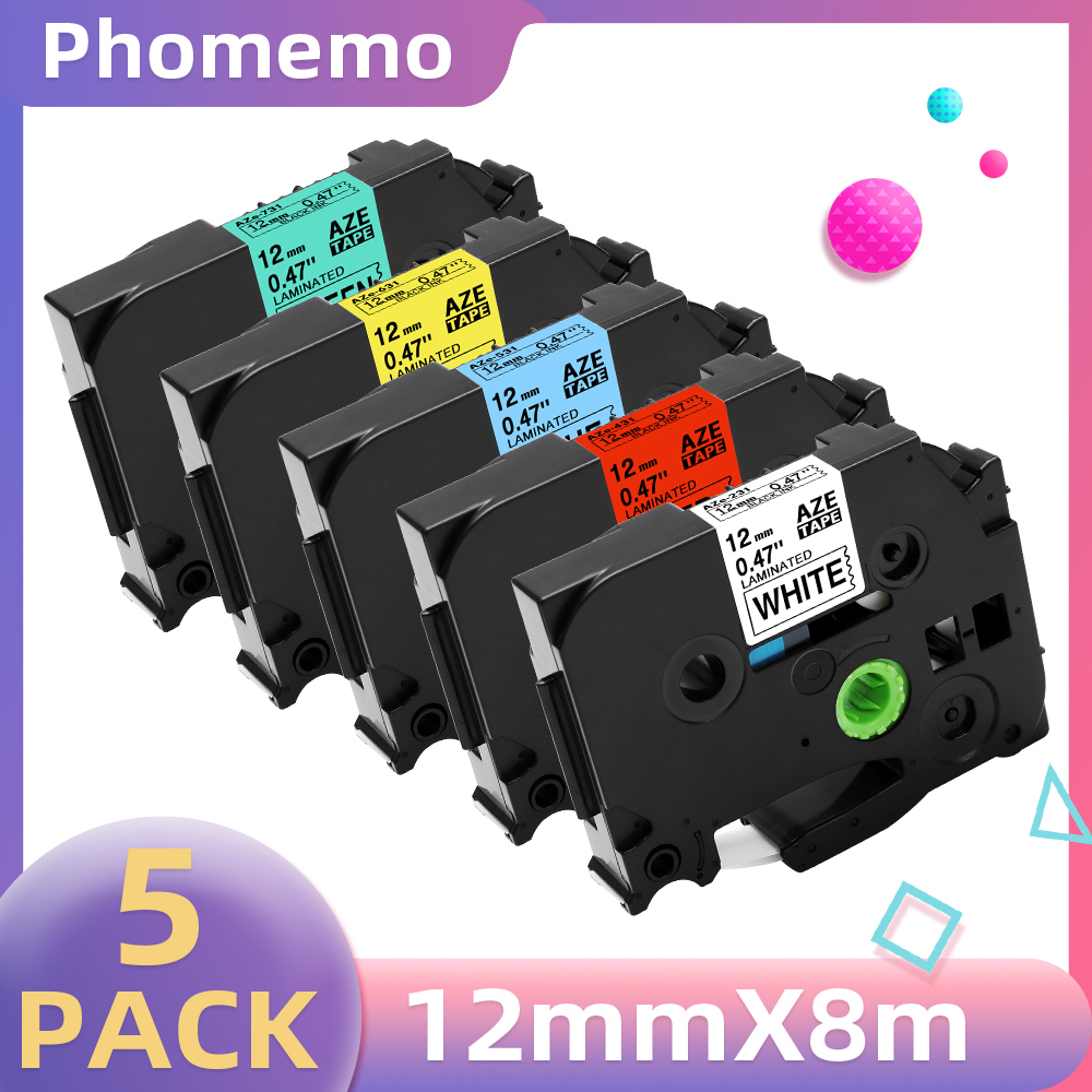 5PK Label Tape for P3100 E1000 Pro Ribbon Label Maker Printer Black on White TZe-231 TZe-631 Compatible for Brother Label Tapes: 5pcs Mxied Colors