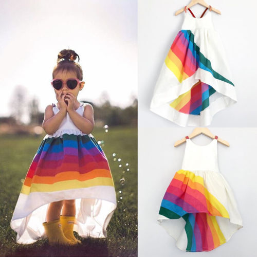 Verano de nueva princesa vestido de chico bebé niñas desfile lindo sin mangas sin respaldo Correa Arco Iris falda para playa vestidos de 1-6T