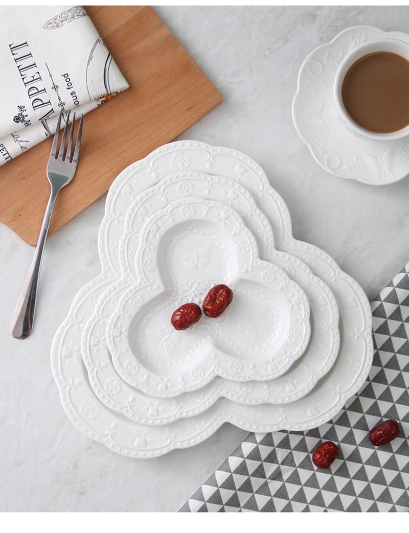 3pcs set, plain white embossed porcelain wedding buffet dishes, butterfly breakfast plate, ceramic dinner plates set