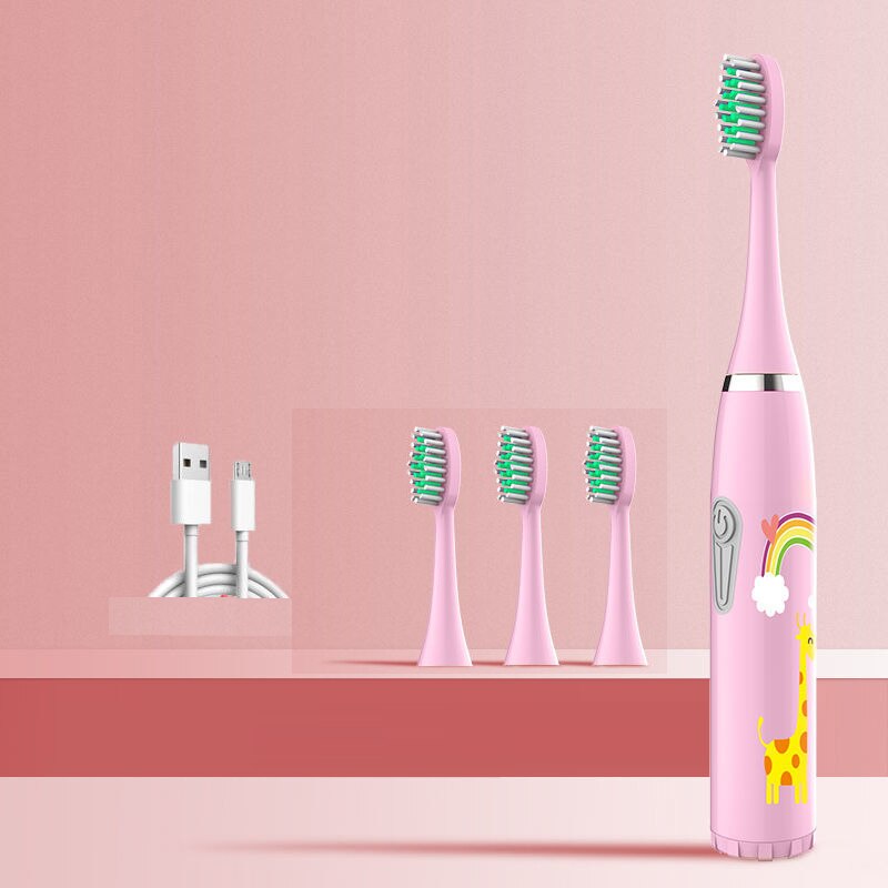 Children Electric Toothbrush Heads Smart Electric Teeth Brush Battery models/Rechargeable Replacement Brush Heads Kids: pink 4 heads A