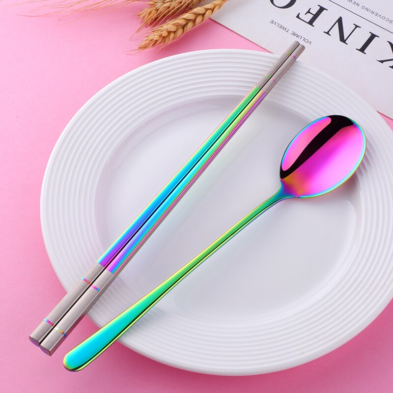 Hashi Silver 18/10 Stainless Steel Korean Chopstick and Spoon Set Dinnerware Black Dessert Spoon Long Handle Chop Sticks Set