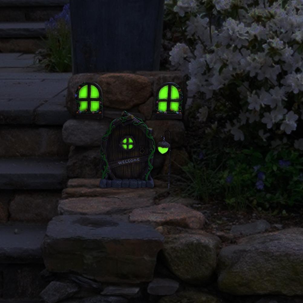 Miniature Fairy Elf Home Door Windows and Chandelier Luminous Tree Decor Art Decorations Glow In The Dark