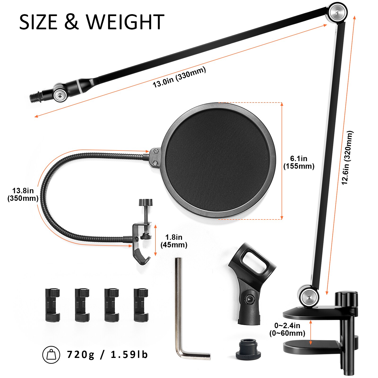 Adjustable Microphone Arm Stand Universal Shock Mount /Mic Clip Holder/Table Mounting Clamp&amp;Pop Filter Cantilever Bracket