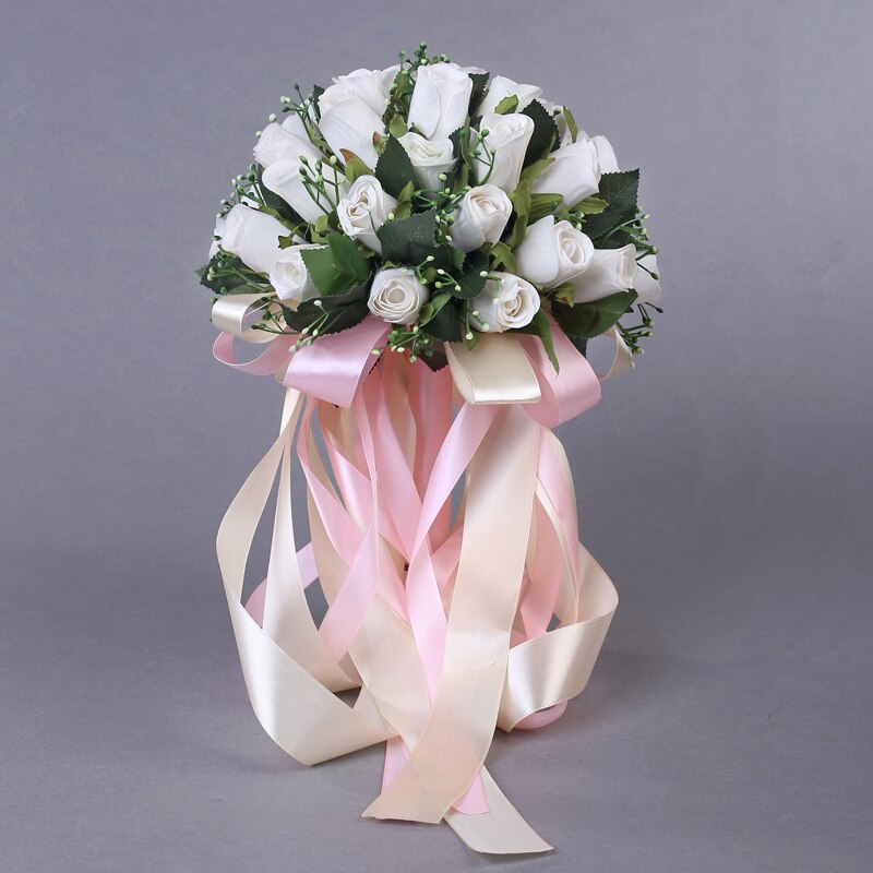 Flores de Rosa artificiales hechas a mano para novia, flores hermosas, perlas, detalles de encaje, ramos de boda con cinta, , 36 Uds.: Blanco