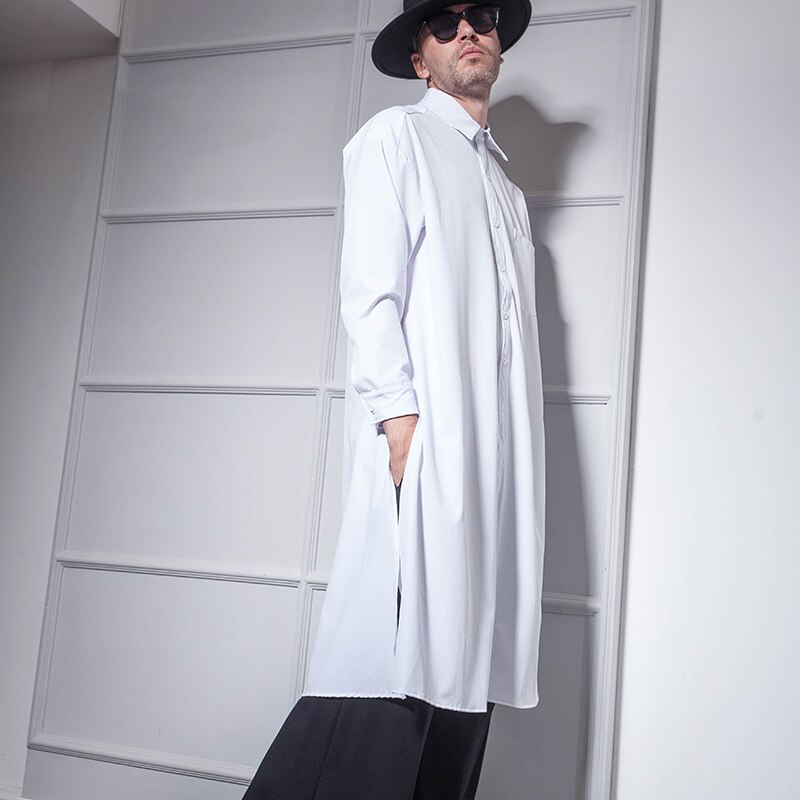 Super Lange Mannen Lange Mouwen Over De Knie Lange Shirt Europese En Amerikaanse Street Style Losse Hip hop Persoonlijkheid Jeugd