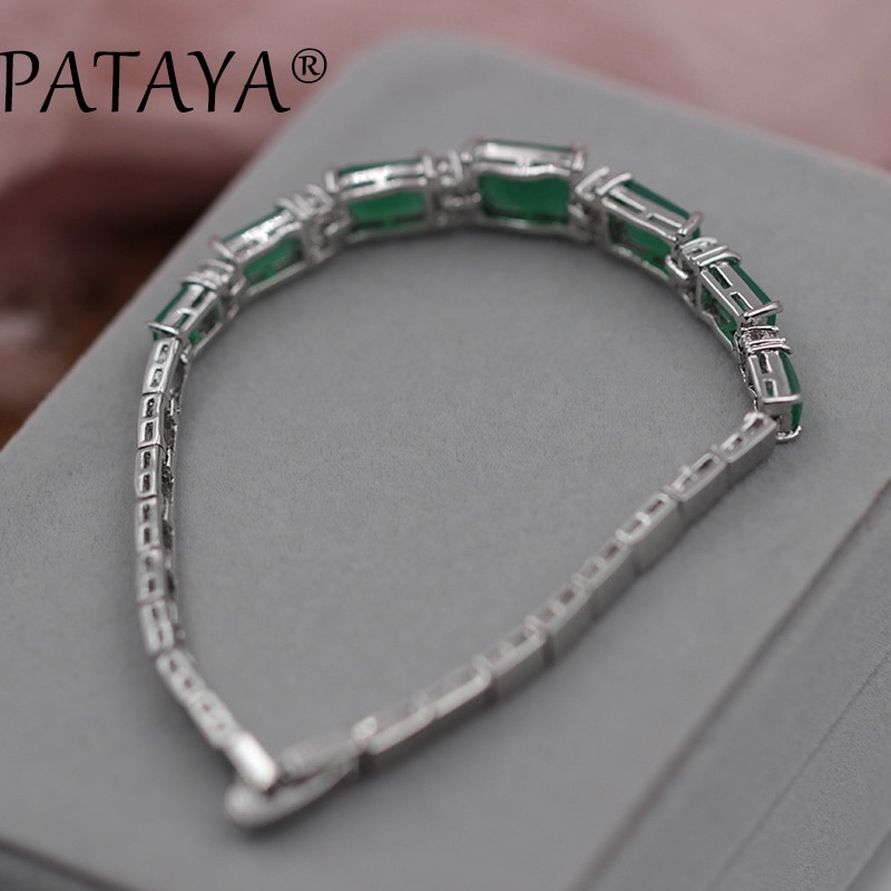 PATAYA Arrivals Single Row Green Square Natural Zircon Long Bracelets Women Wedding Jewelry True White Gold Link Bracelet 17