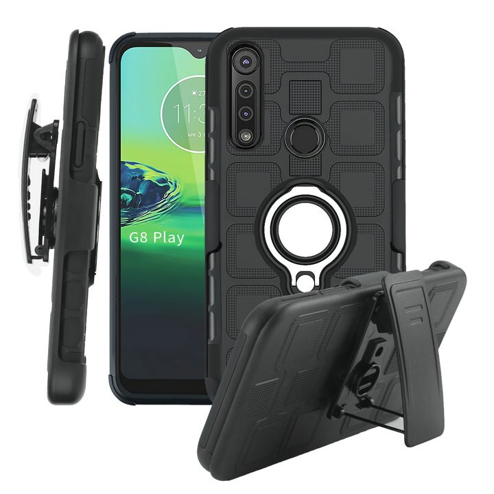 Clip da cintura Holster Capa per Motorola Moto G8 Più Cassa di Lusso del Metallo Anello di Supporto per Moto G8 Caso Gioco G8 + G 8 Più Antiurto: For Moto G8 Play / Black Silver ring