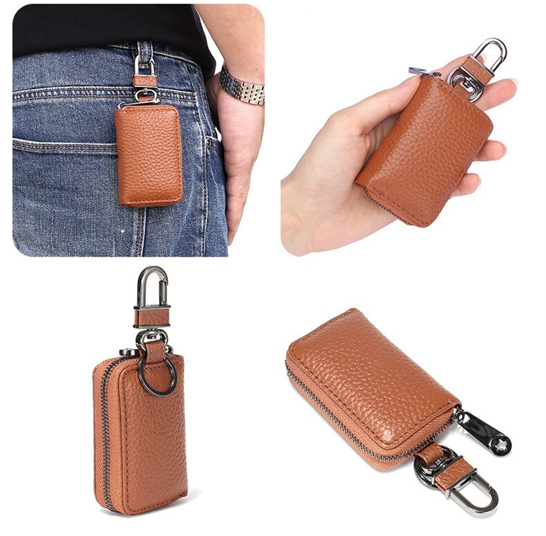 Bolso pequeño para llaves para hombre y mujer, Cartera de cuero auténtico, organizador de llaves, cartera de la llave del coche: Brown