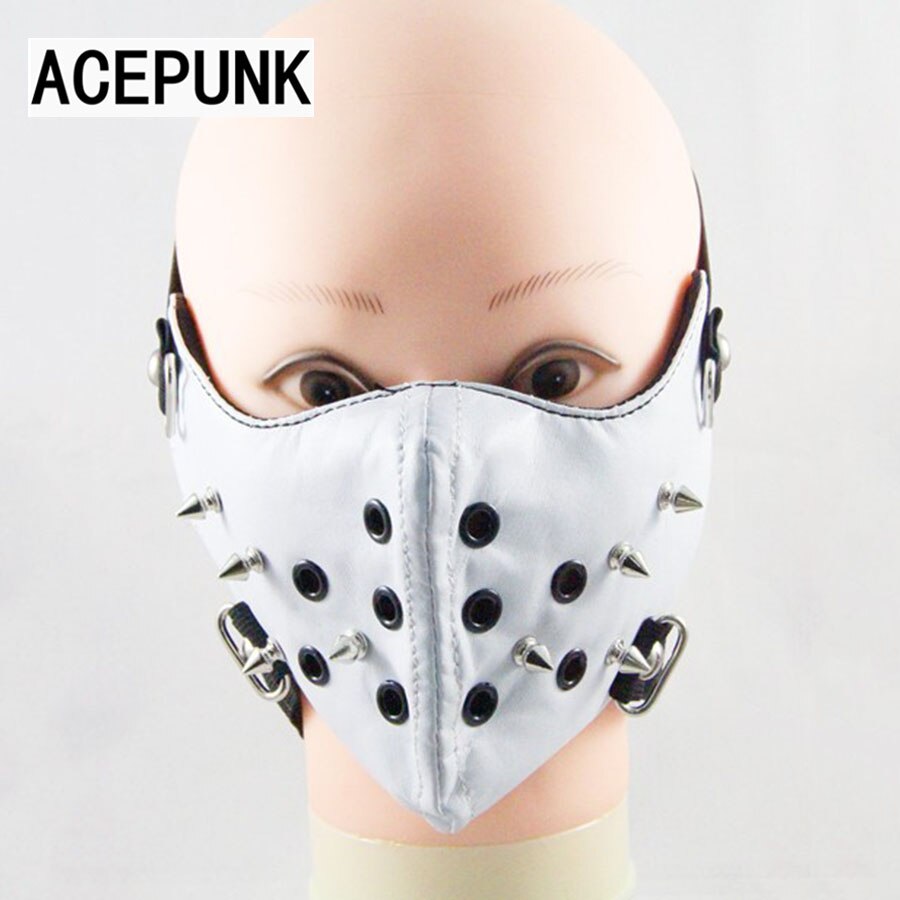 remache blanco máscara en piel de PU Hipster mostrar remache máscara rock de los hombres de la personalidad Hip-hop parte máscaras para motocicleta