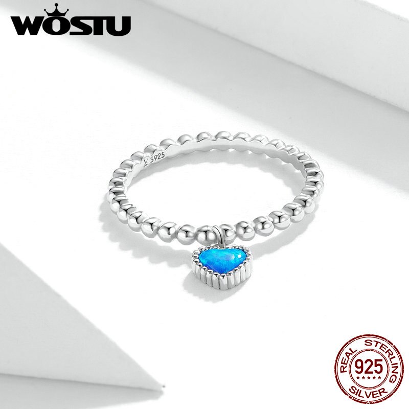 WOSTU Blue Heart Ring 925 Sterling Silver Stackable Translucent Opal Finger Ring For Women Wedding Engagement Jewelry CQR672